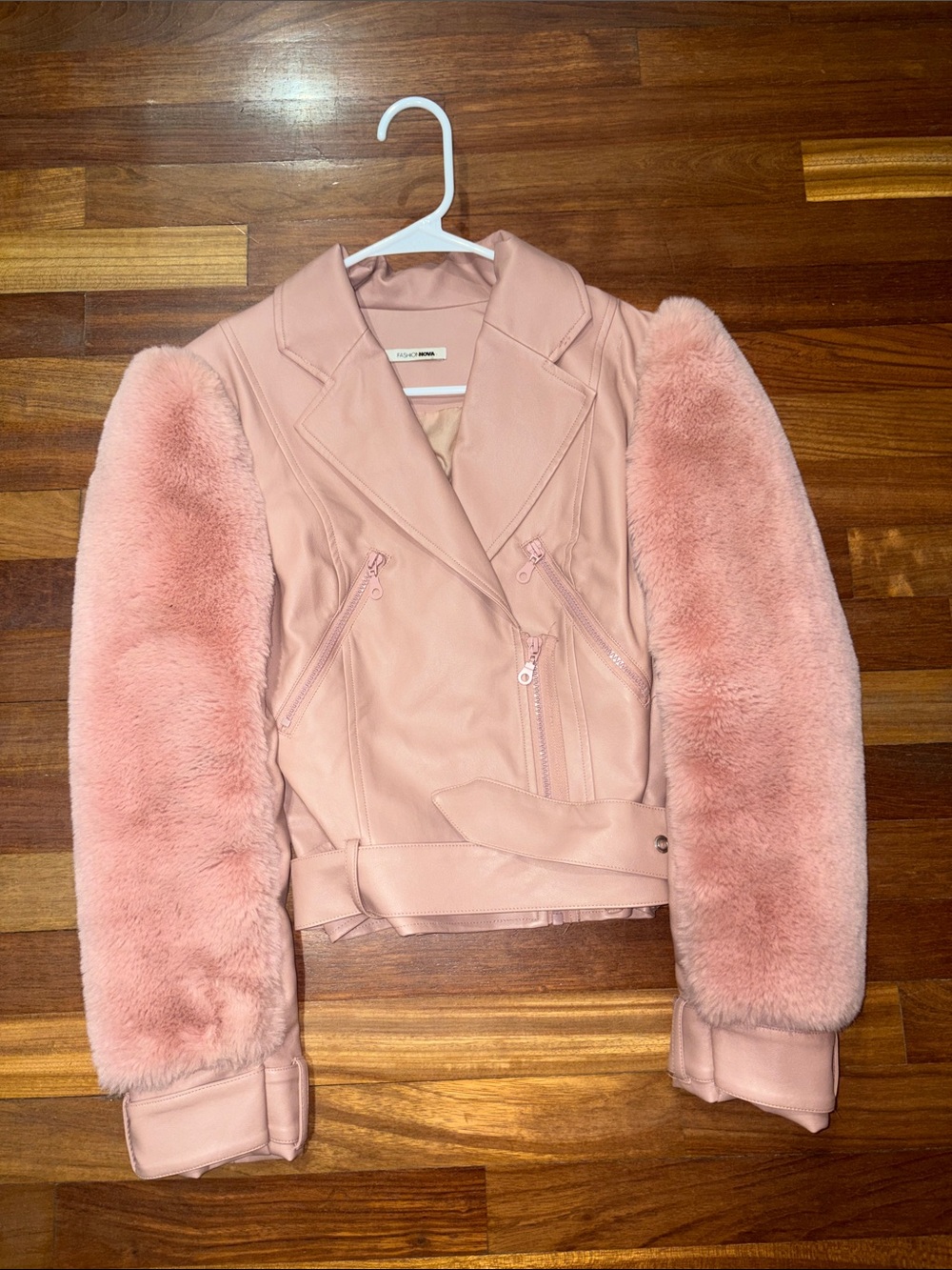 Fashion Nova Blush Pink Faux Leather Jacket with Faux Fur Sleeves